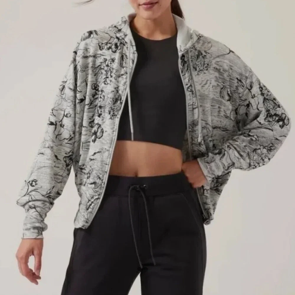 Athleta Balance Hoodie Sweatshirt Full Zip Eden Floral Gray Black Size Medium